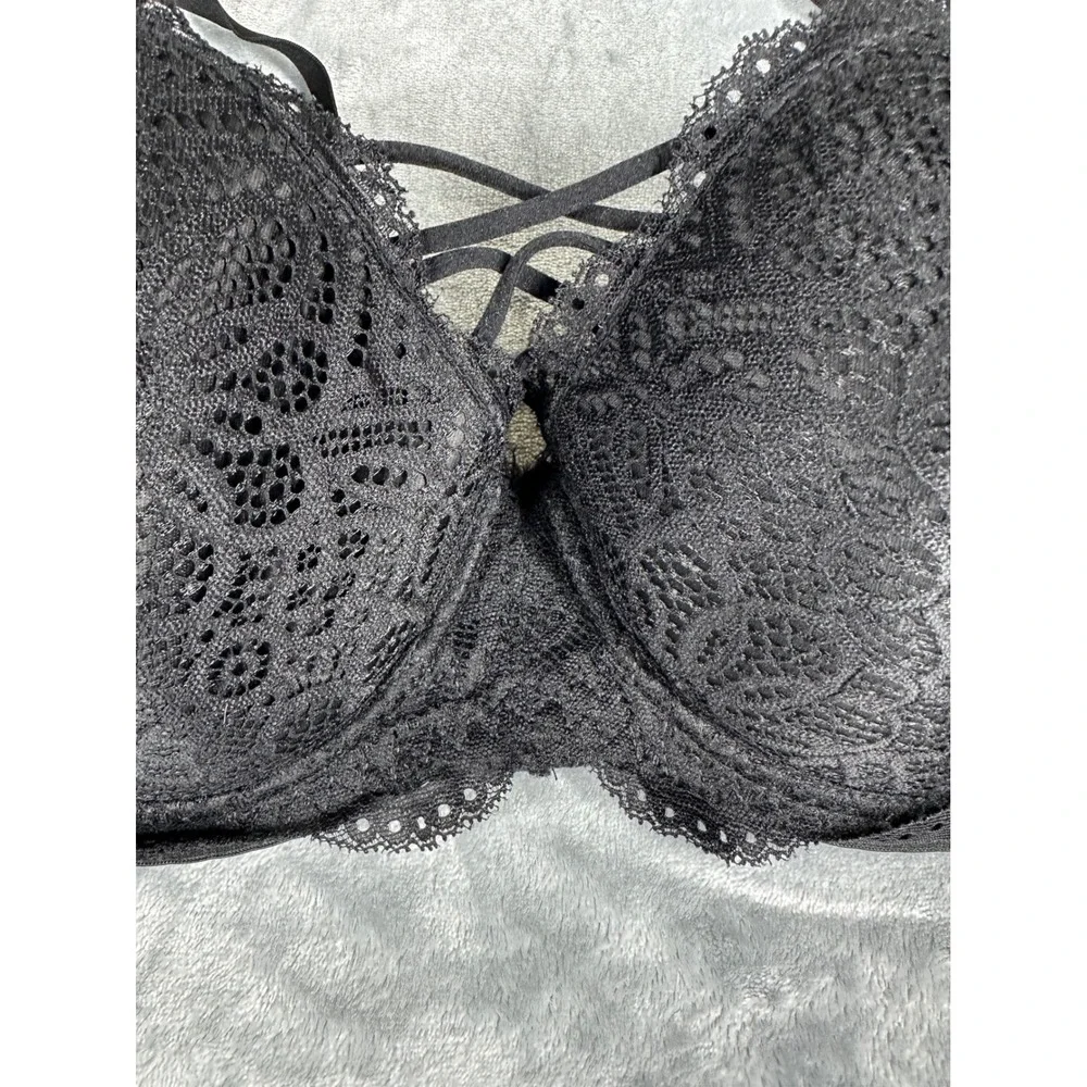 XOXO Bra Women 36D Black Lace Push Up Underwire Lace-Up‎ Detail 6239-70